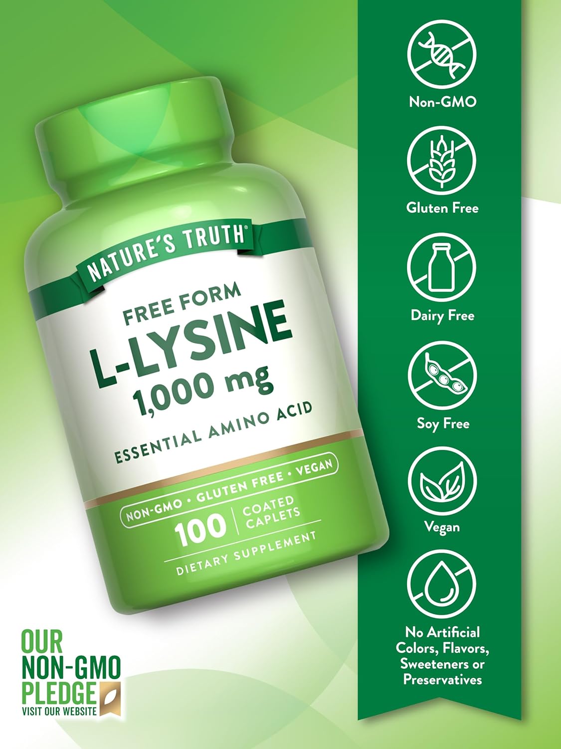 100 Coated Caplets of Nature's Truth L Lysine 1000mg - Essential Vegan Amino Acid Supplement | Non-GMO & Gluten Free