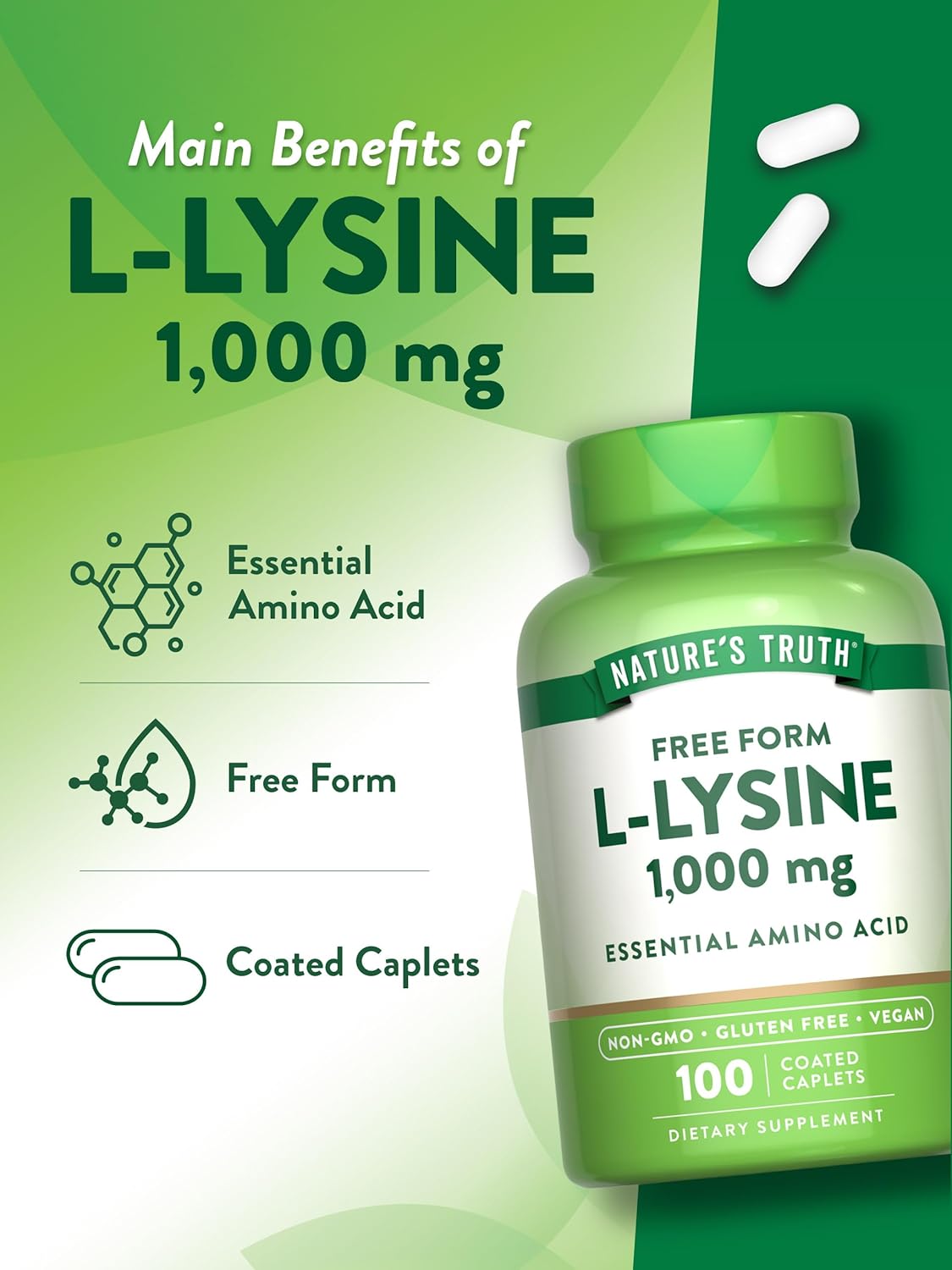 100 Coated Caplets of Nature's Truth L Lysine 1000mg - Essential Vegan Amino Acid Supplement | Non-GMO & Gluten Free