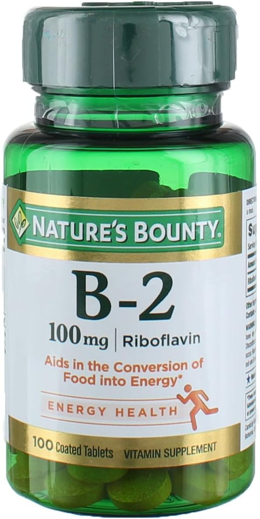 100 Coated Tablets of Nature's Bounty Vitamin B-2 100 mg for Energy Support