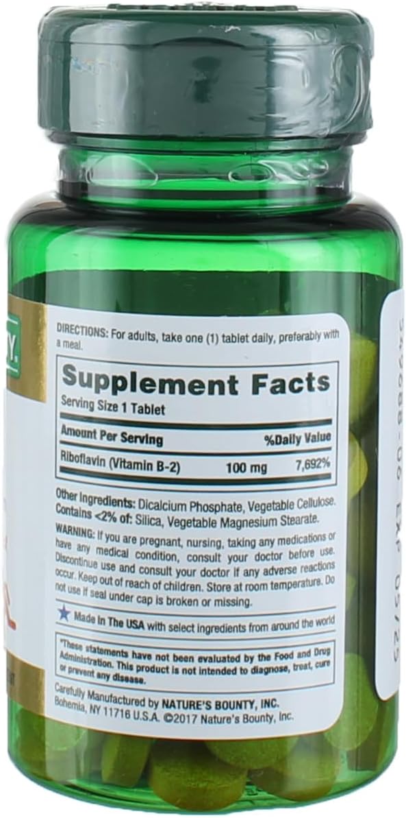 100 Coated Tablets of Nature's Bounty Vitamin B-2 100 mg for Energy Support