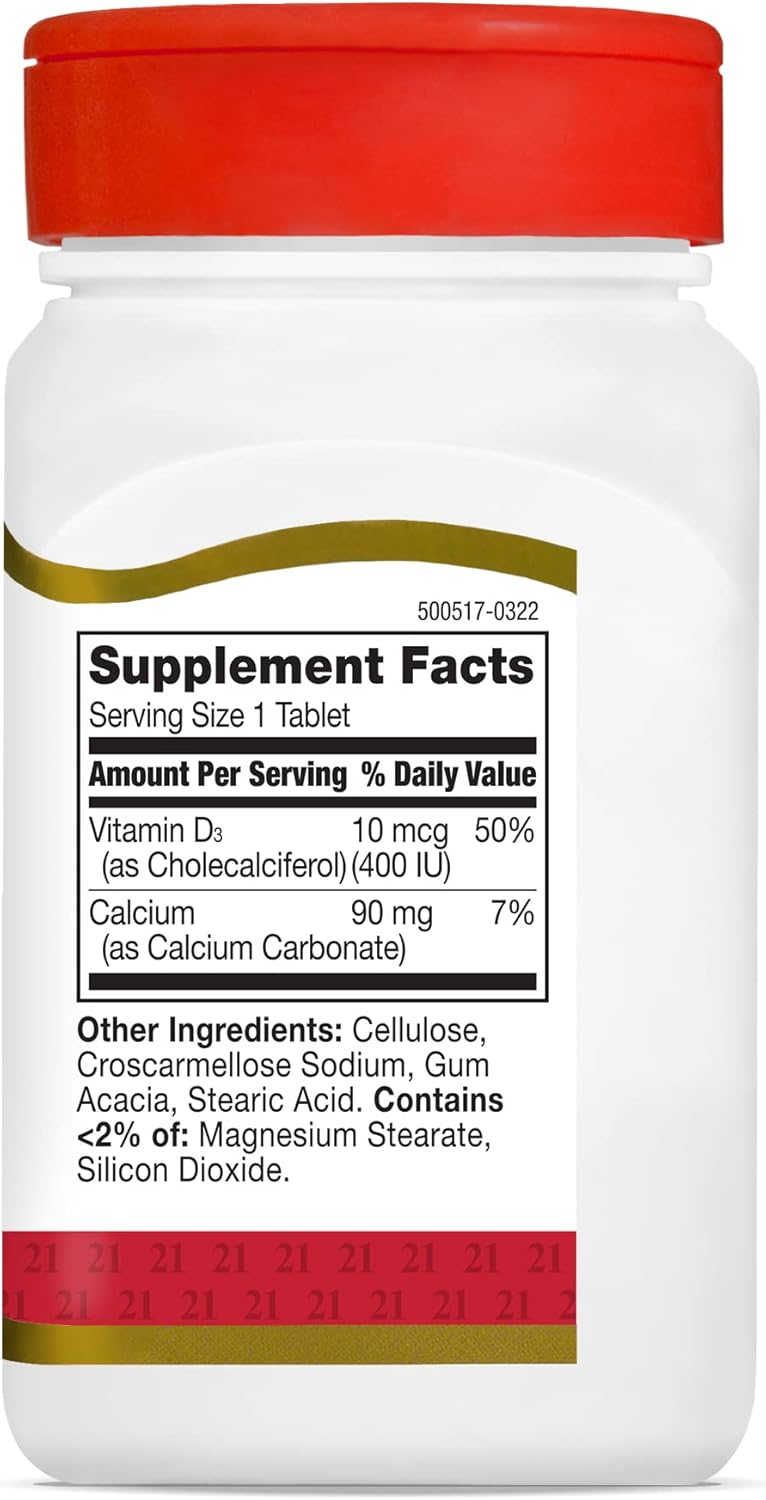 100 Count 21st Century D3 400 IU Tablets for Daily Vitamin D Supplement