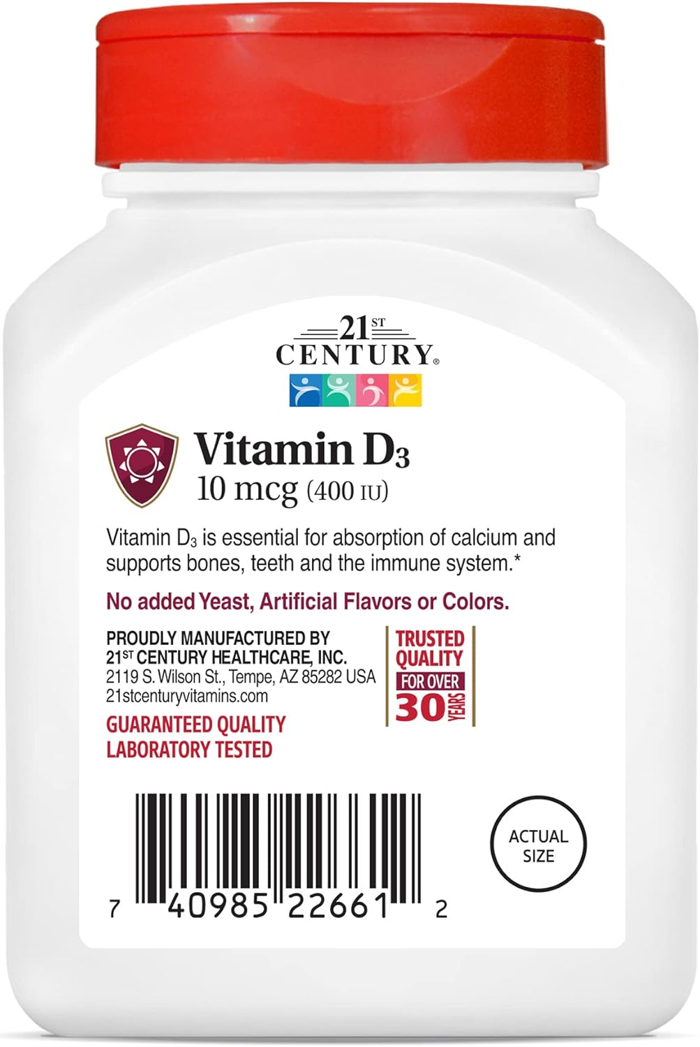 100 Count 21st Century D3 400 IU Tablets for Daily Vitamin D Supplement