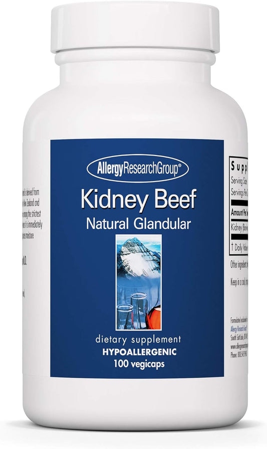 100 Count Allergy Research Group Kidney Beef Supplement - Natural Freeze-Dried Bovine Glandular Organ Capsules