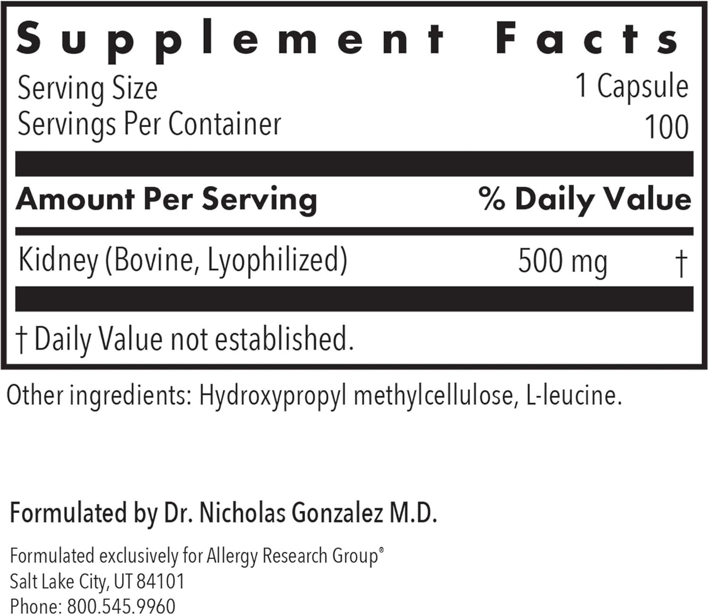 100 Count Allergy Research Group Kidney Beef Supplement - Natural Freeze-Dried Bovine Glandular Organ Capsules