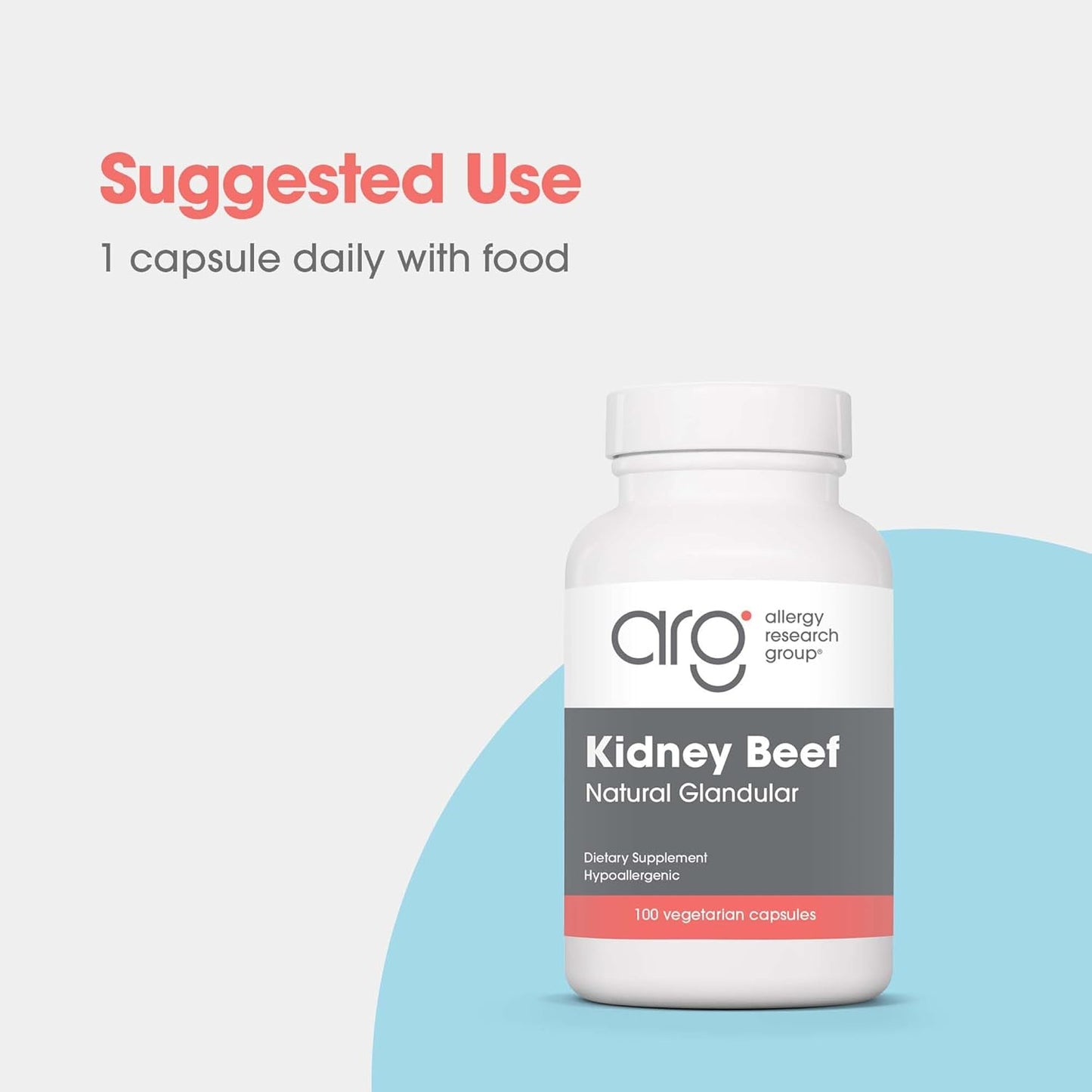 100 Count Allergy Research Group Kidney Beef Supplement - Natural Freeze-Dried Bovine Glandular Organ Capsules