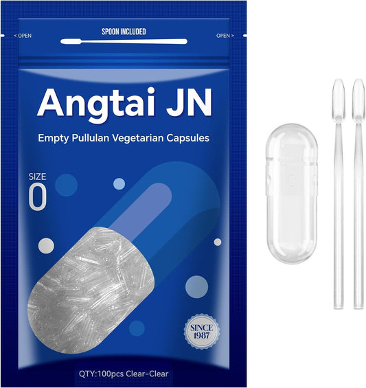100 Count Angtai JN Size 0 Clear Fillable Vegetarian Capsules with Micro Lab Spoons for DIY Supplements