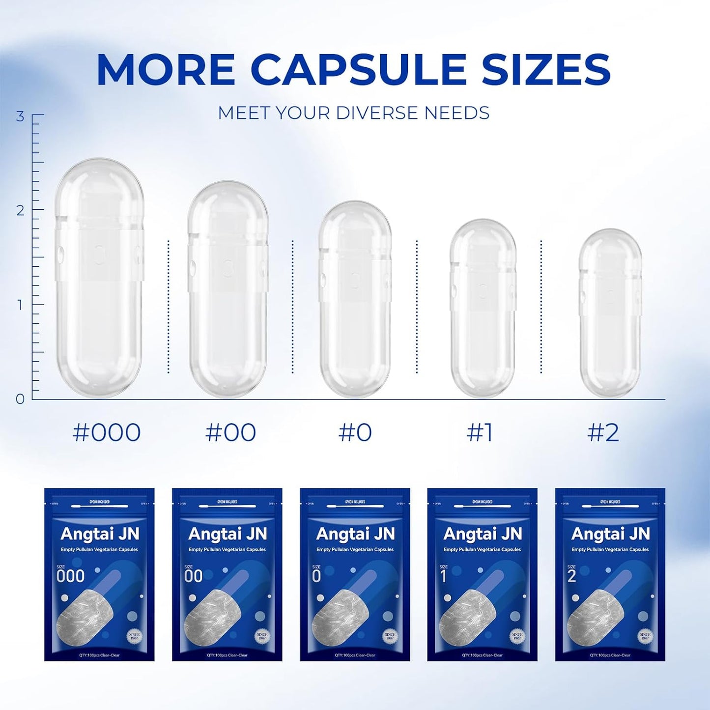 100 Count Angtai JN Size 0 Clear Fillable Vegetarian Capsules with Micro Lab Spoons for DIY Supplements