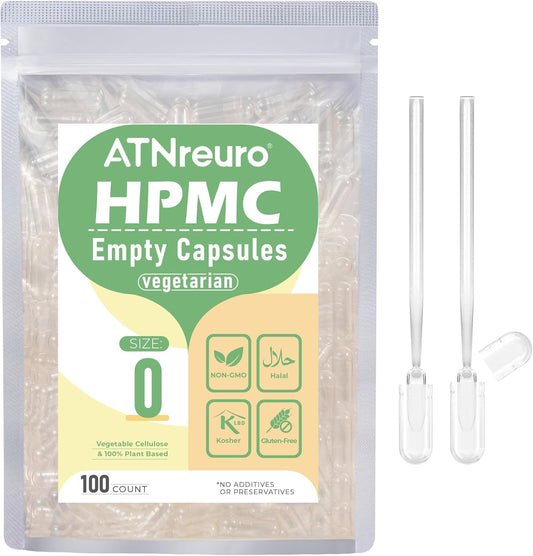 100 Count ATNreuro Size 0 Empty Vegan Capsules with 2 Micro Spoons for Powders Supplements