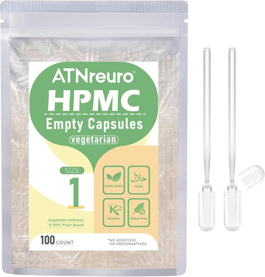100 Count ATNreuro Size 1 Vegan Empty Capsules with 2 Micro Spoons - Vegetarian Pill Capsules for Powders & Supplements