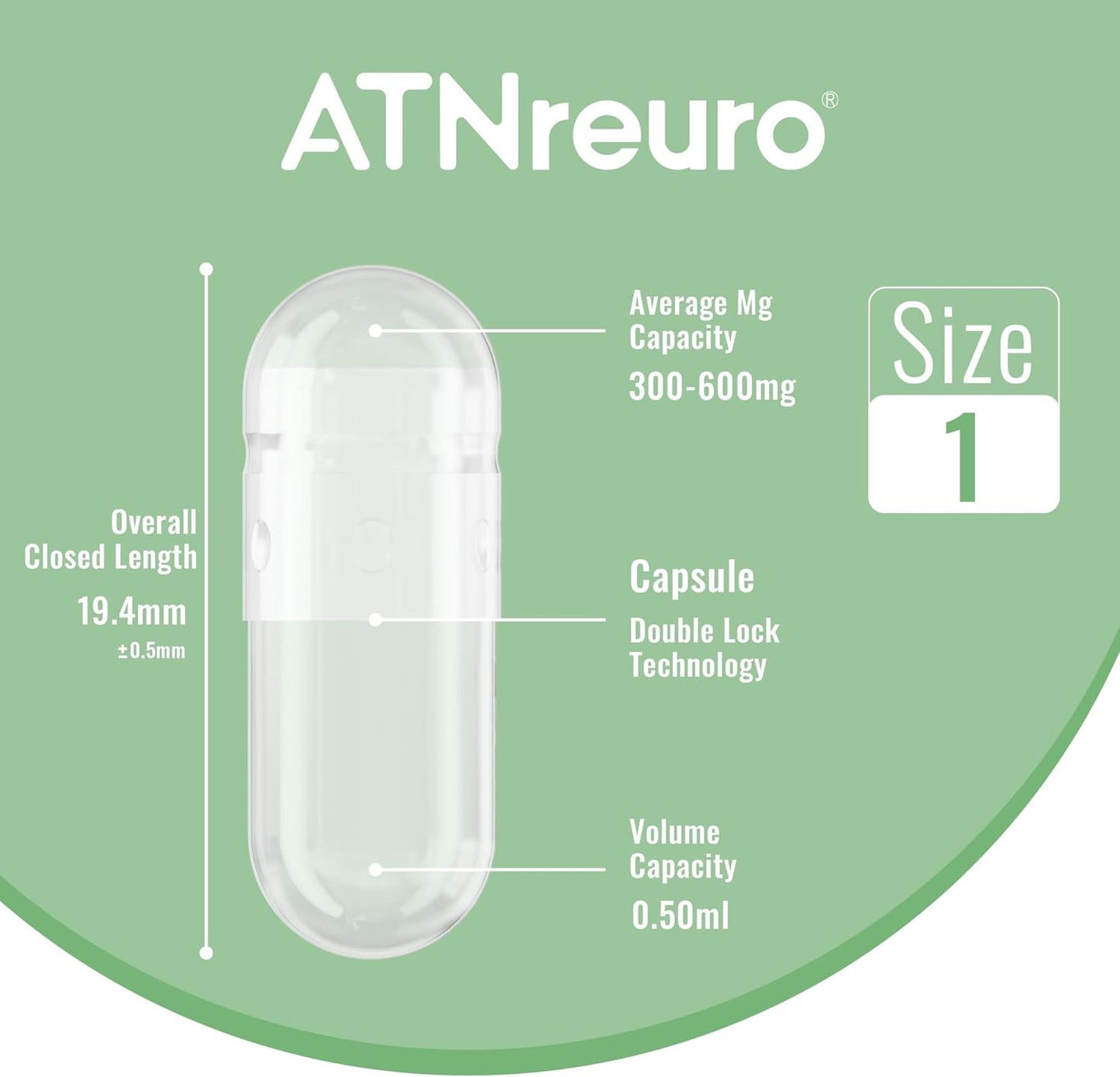 100 Count ATNreuro Size 1 Vegan Empty Capsules with 2 Micro Spoons - Vegetarian Pill Capsules for Powders & Supplements