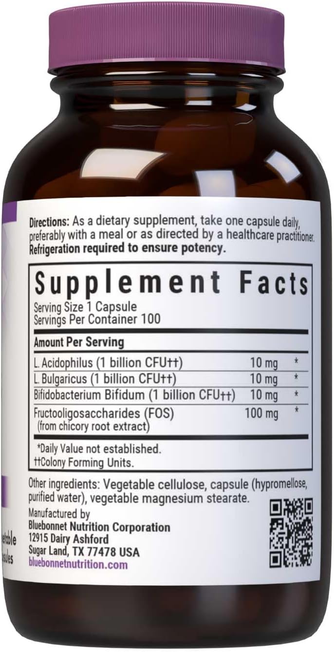 100 Count BlueBonnet Probiotic Acidophilus Plus FOS Vegetarian Capsules - Refrigeration Required 36° F to 46° F