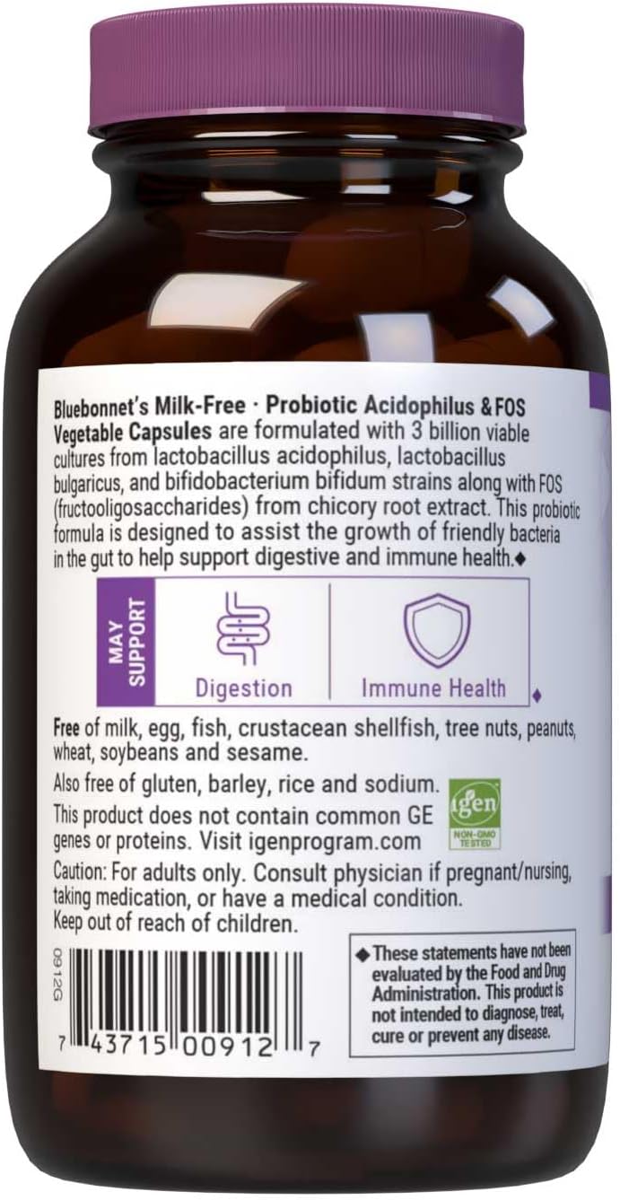 100 Count BlueBonnet Probiotic Acidophilus Plus FOS Vegetarian Capsules - Refrigeration Required 36° F to 46° F