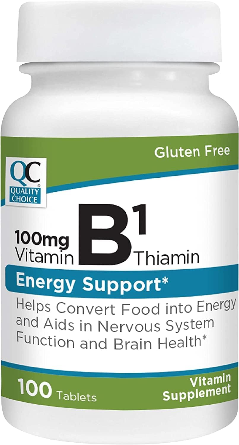 100 Count Bottles of Quality Choice Vitamin B1 Thiamin 100mg Tablets for Energy, Nervous System, and Brain Health