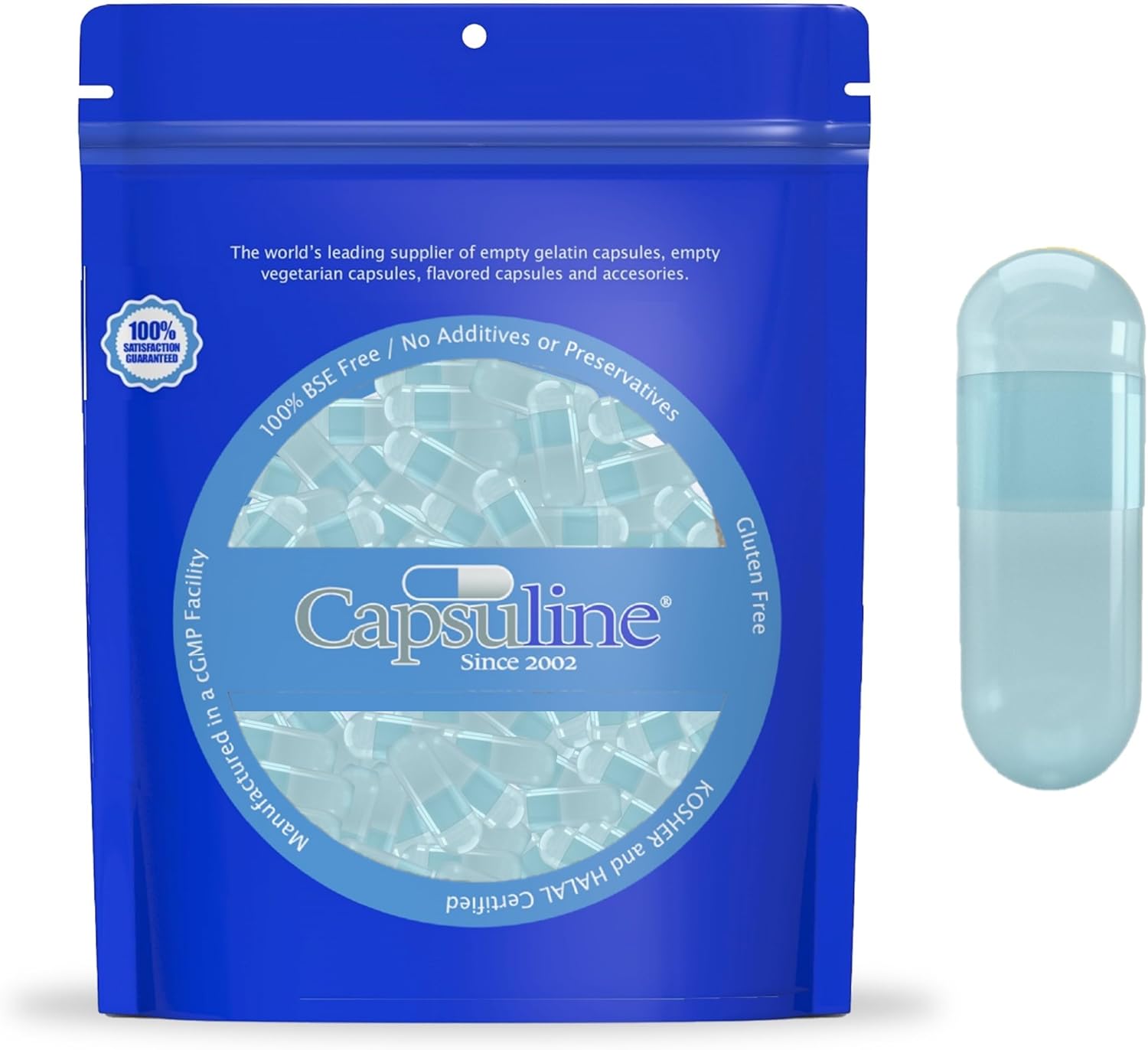 100 Count Capsuline Blue/Blue Size 0 Empty Vegan Capsules for DIY Vegetable Capsule Filling - Kosher and Halal Certified