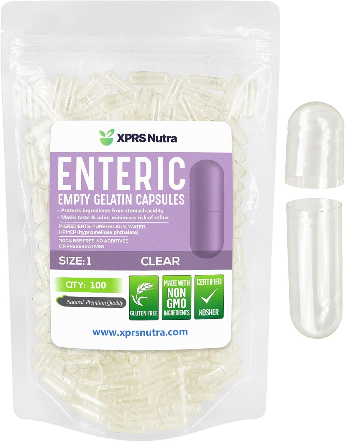 100 Count Clear Enteric Coated Empty Gelatin Capsules - Delayed Release Pill Capsules for DIY Capsule Filling