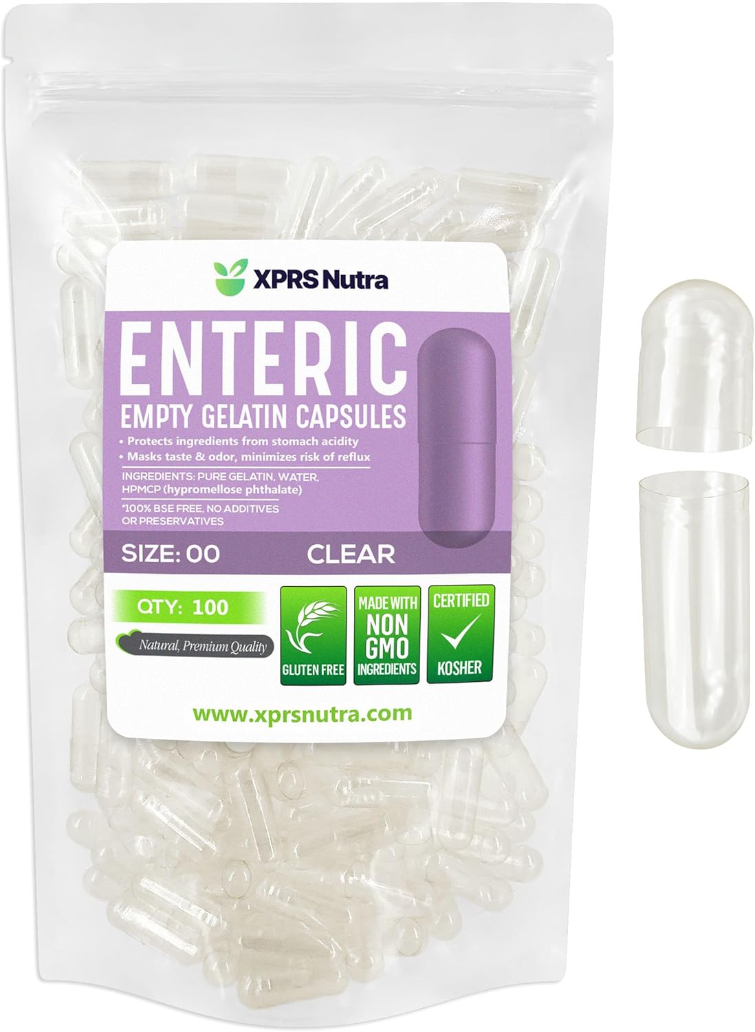 100 Count Clear Enteric Coated Size 00 Empty Gelatin Capsules for DIY Capsule Filling
