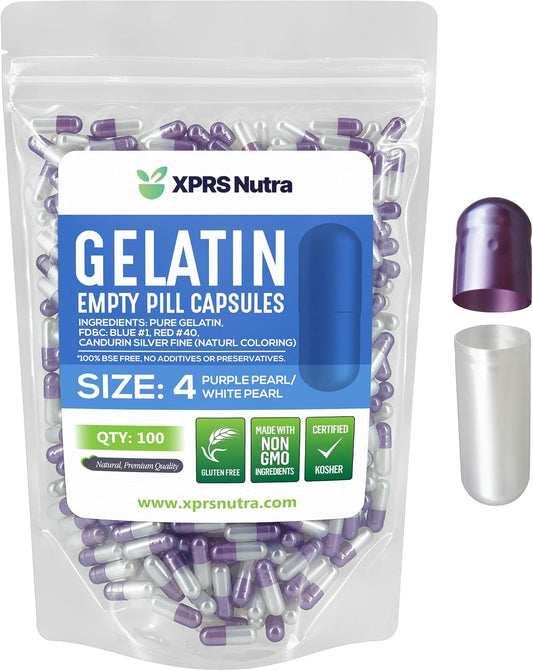 100 Count Empty Gelatin Capsules for DIY Capsule Filling - Pure Bovine Empty Pill Capsules - Size 4 Empty Capsules (Pearl Purple/White) - BoostGo Australia