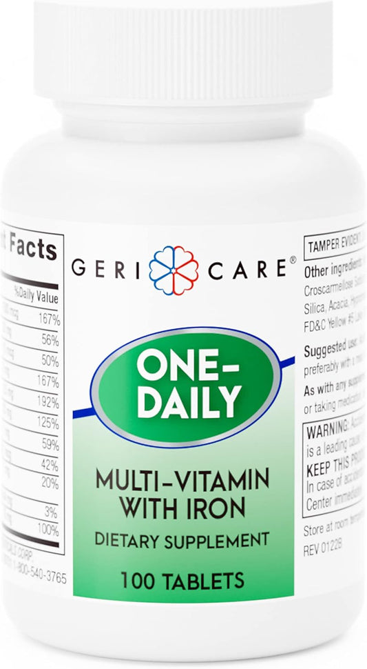 100 Count GeriCare One-Daily Multi-Vitamin with Iron Tablets - Pack of 1