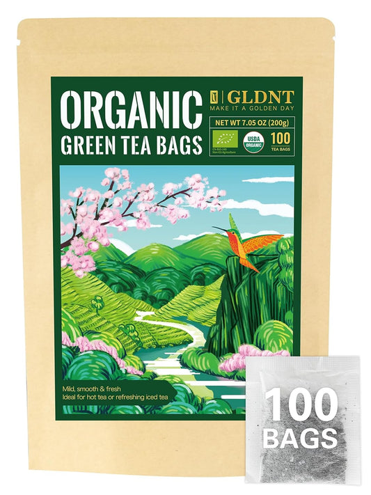 100 Count GLDNT Organic Green Tea Bags - Pure Natural Super Antioxidant with Caffeine