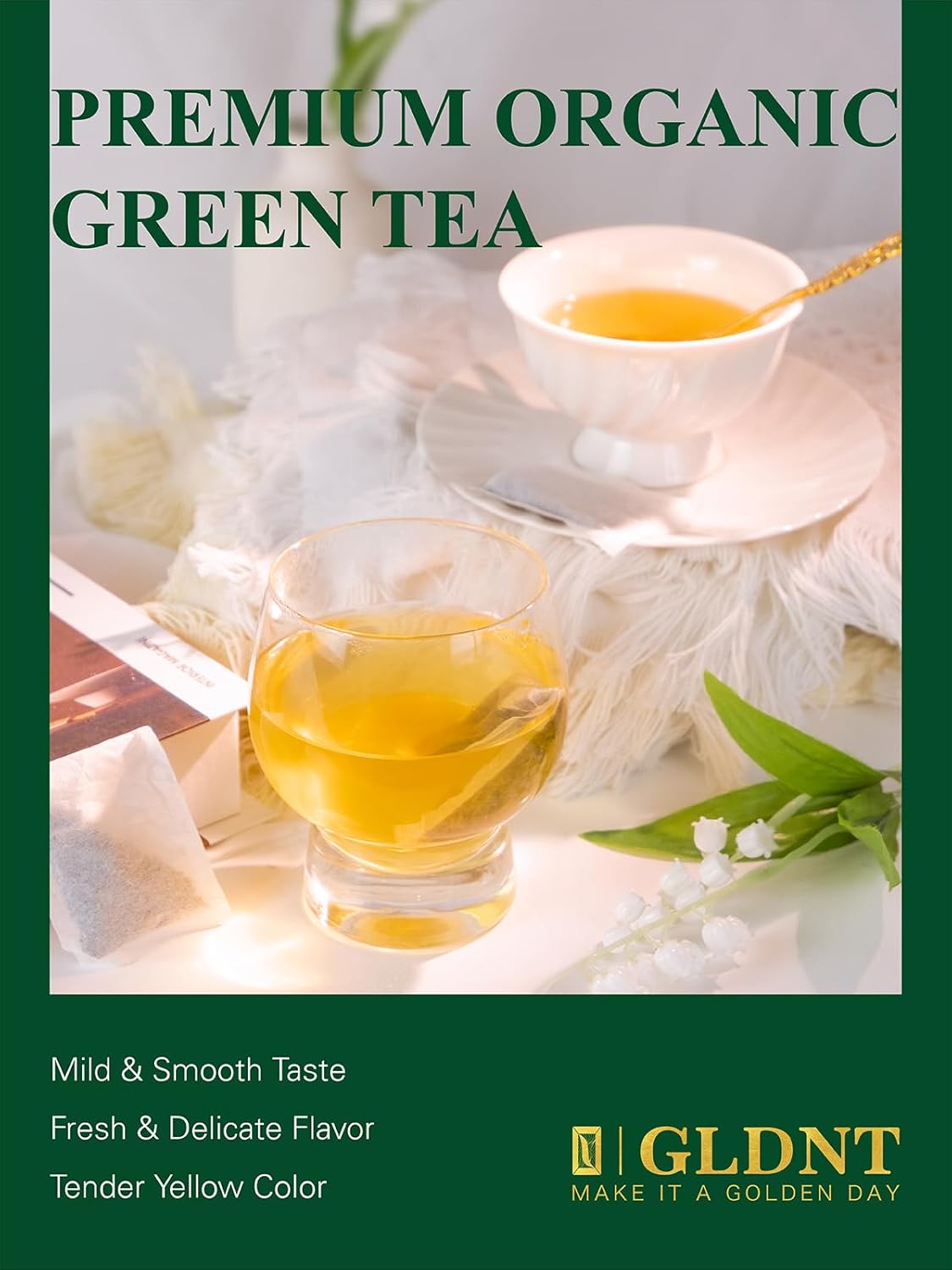 100 Count GLDNT Organic Green Tea Bags - Pure Natural Super Antioxidant with Caffeine