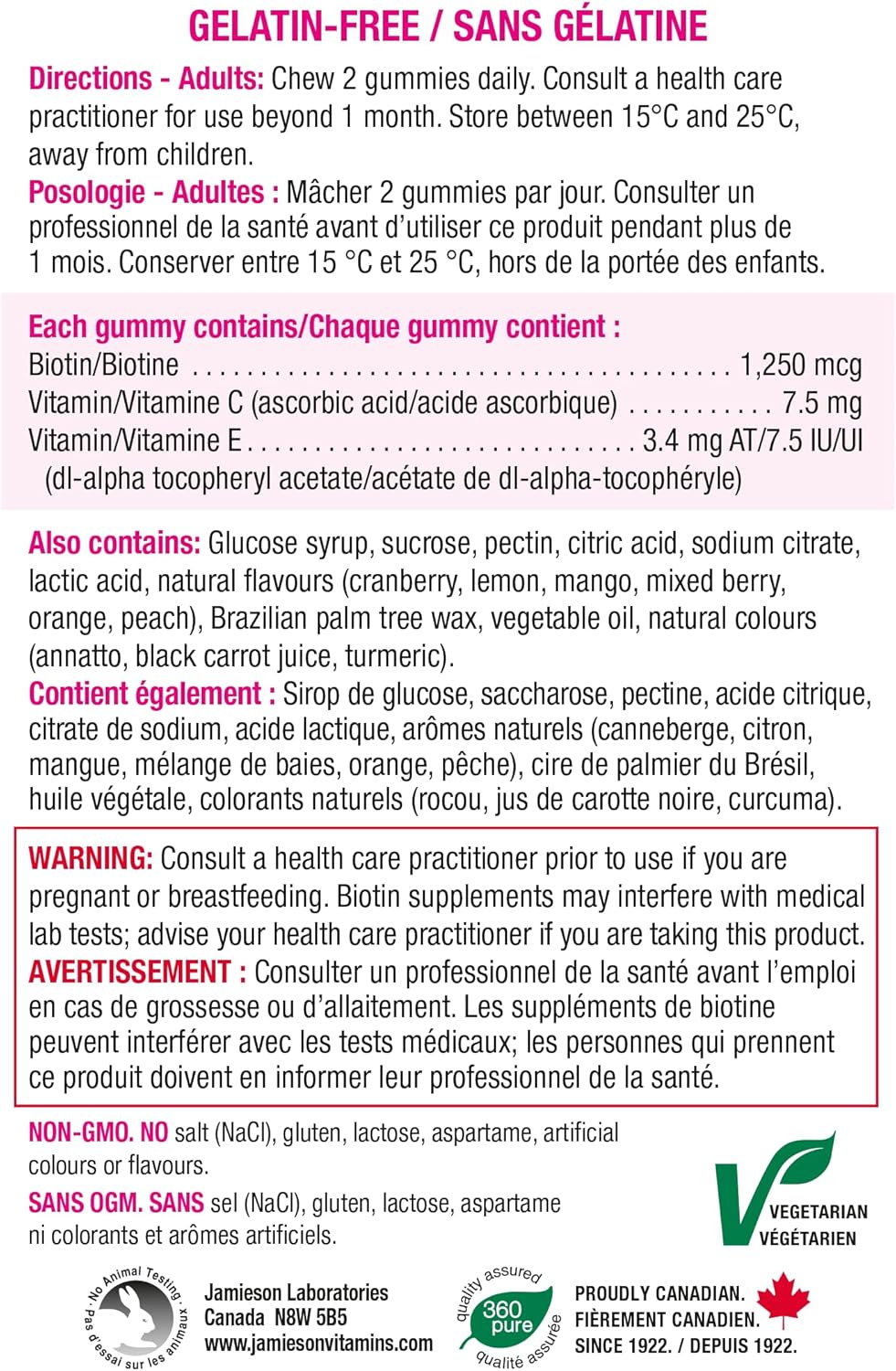 100 Count Jamieson High Potency Biotin Gummies for Hair, Skin, and Nails Boost