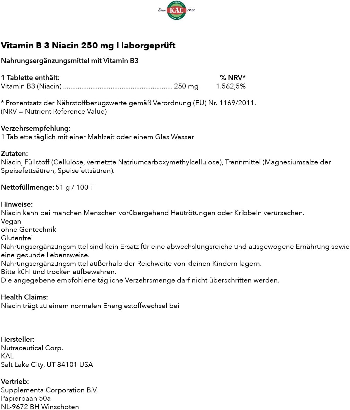 100 Count Kal 250 Mg Niacin Tablets for Cardiovascular Health