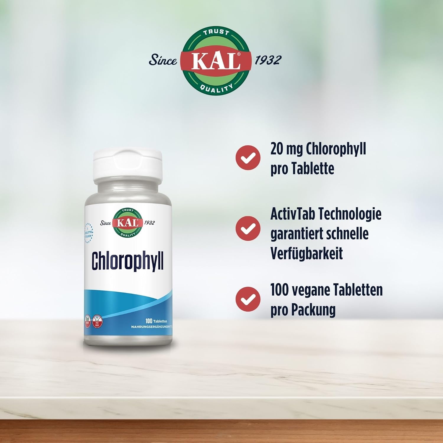 100 Count KAL Chlorophyll Tablets - 20 mg, Natural Detox and Digestive Support