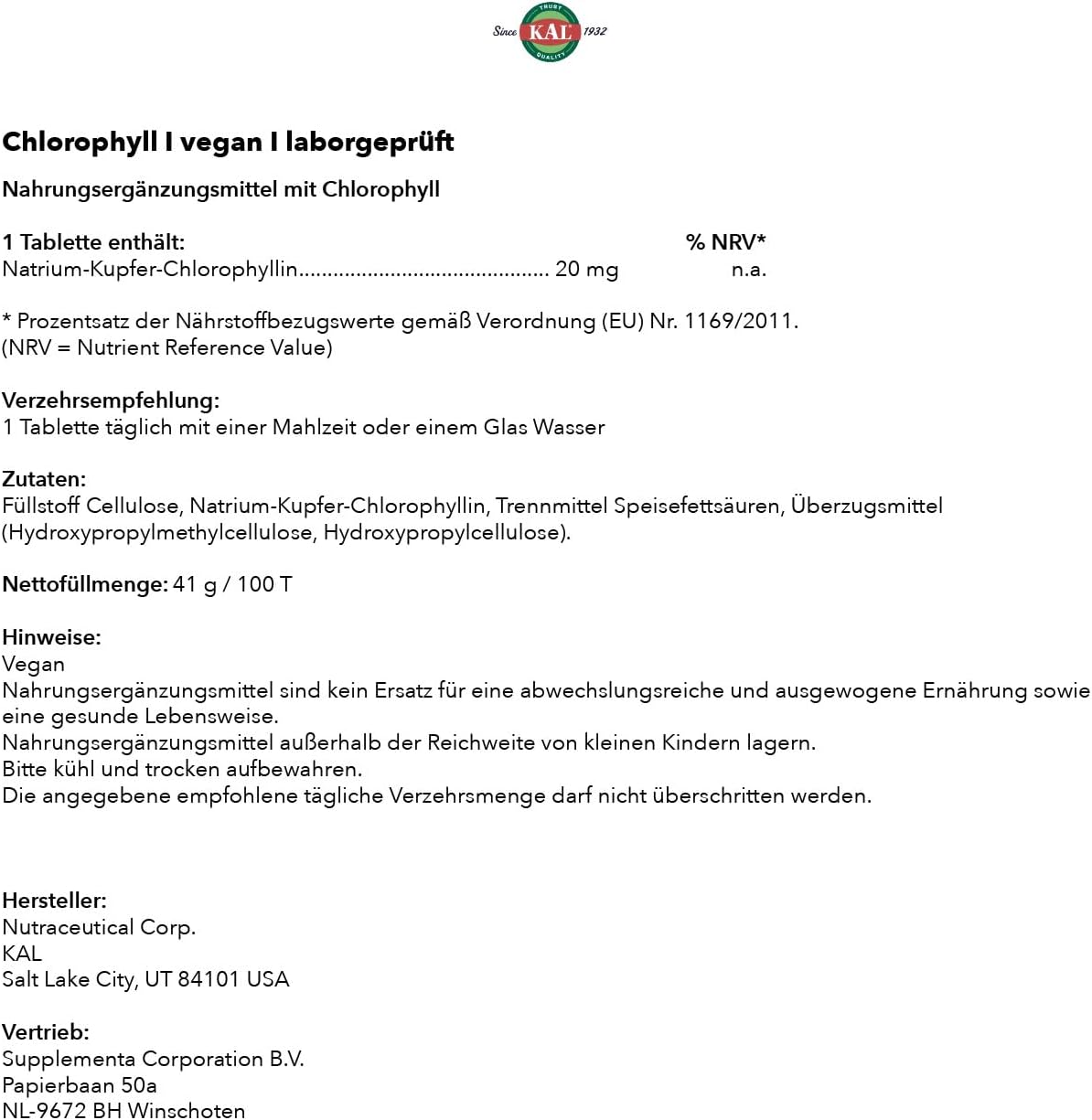 100 Count KAL Chlorophyll Tablets - 20 mg, Natural Detox and Digestive Support