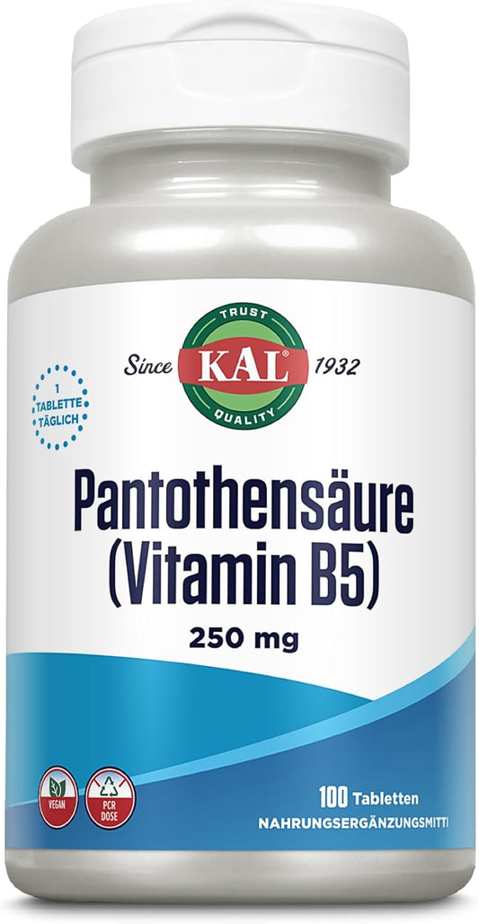 100 Count Kal Pantothenic Acid Tablets, 250 Mg - Essential B Vitamin Supplement