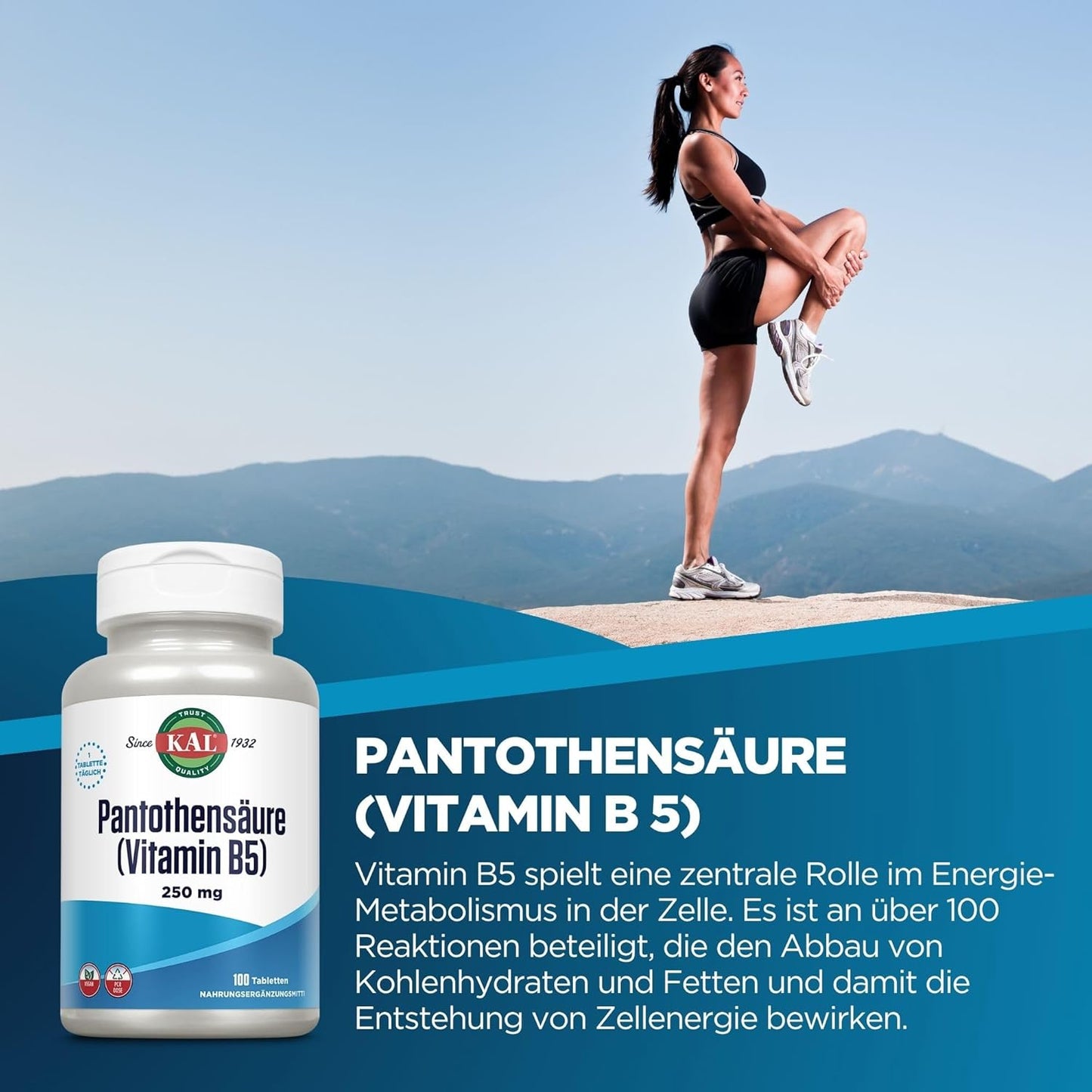 100 Count Kal Pantothenic Acid Tablets, 250 Mg - Essential B Vitamin Supplement
