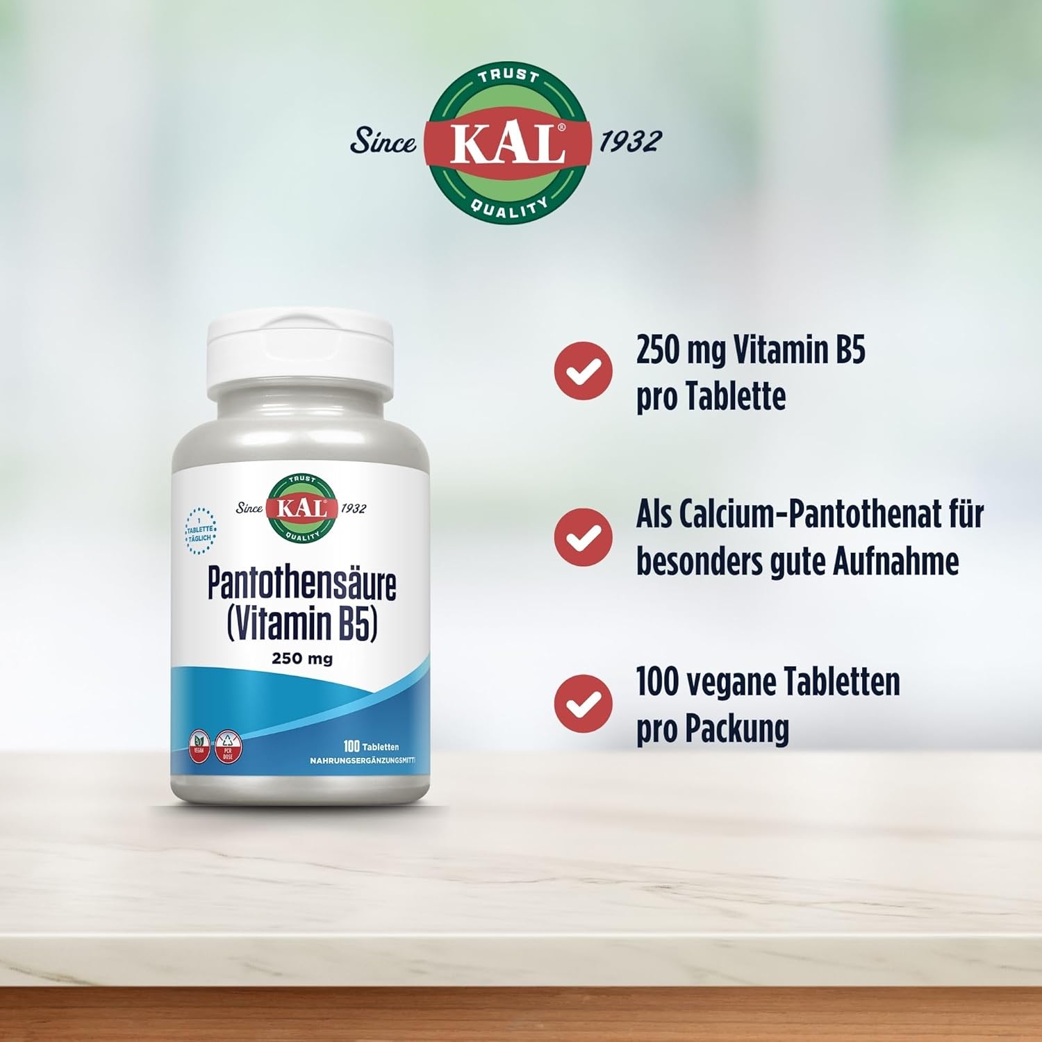 100 Count Kal Pantothenic Acid Tablets, 250 Mg - Essential B Vitamin Supplement