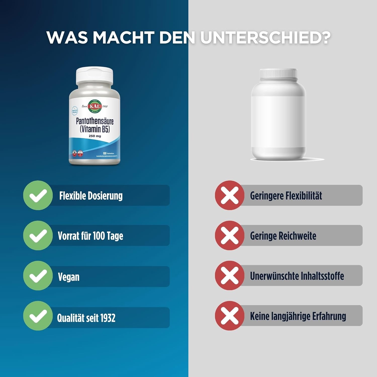 100 Count Kal Pantothenic Acid Tablets, 250 Mg - Essential B Vitamin Supplement