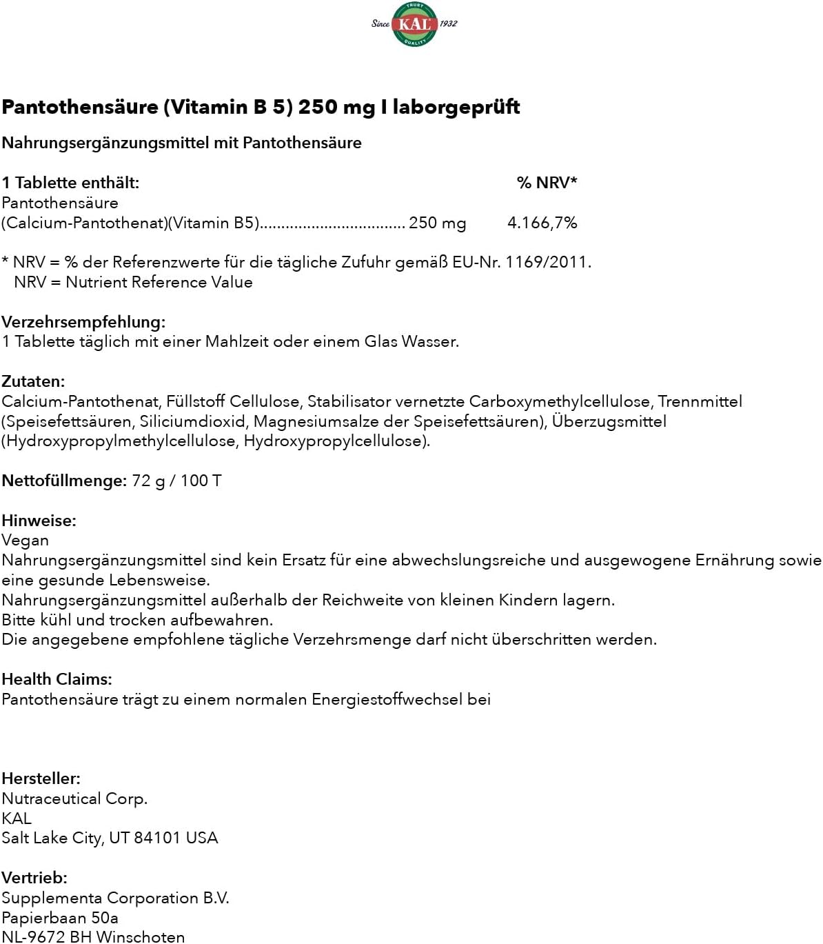 100 Count Kal Pantothenic Acid Tablets, 250 Mg - Essential B Vitamin Supplement