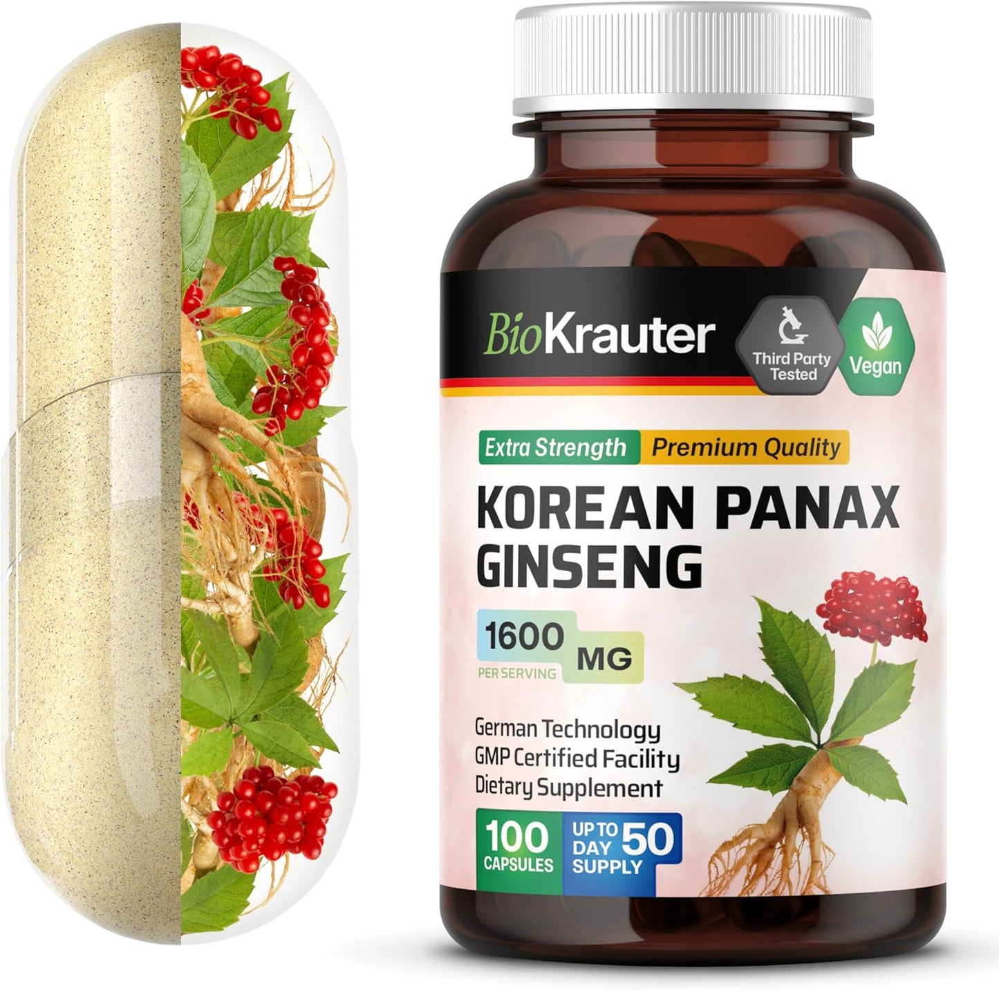 100 Count Korean Red Ginseng Capsules - 1600mg Strength - Vegan Panax Ginseng Immune Supplement