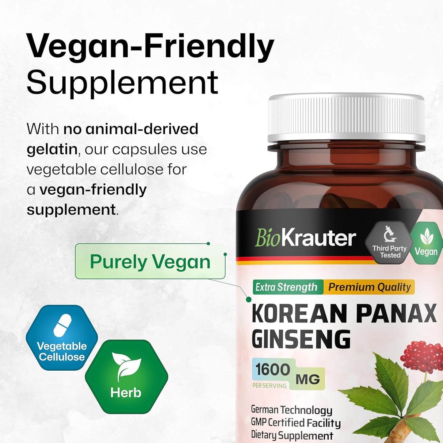 100 Count Korean Red Ginseng Capsules - 1600mg Strength - Vegan Panax Ginseng Immune Supplement