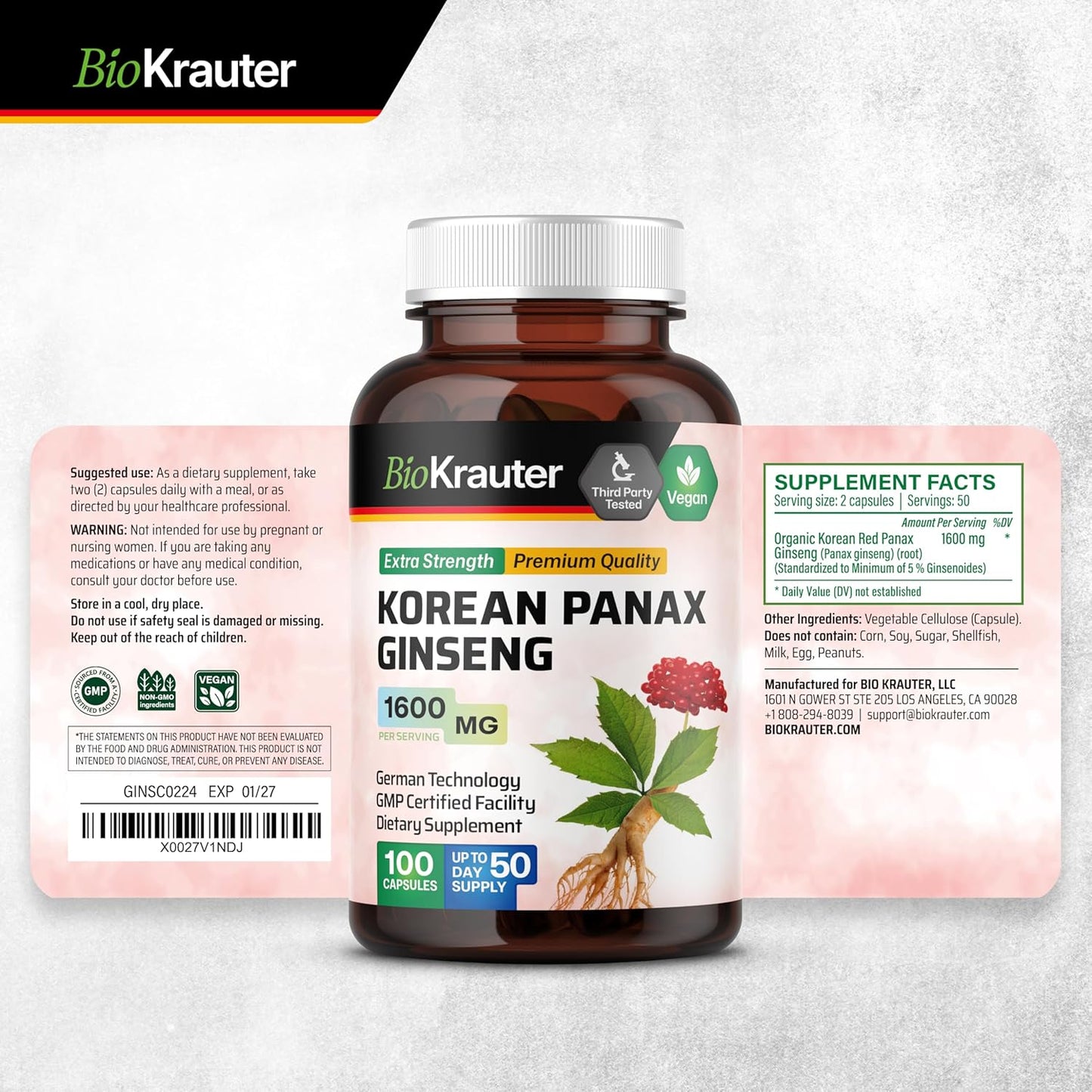100 Count Korean Red Ginseng Capsules - 1600mg Strength - Vegan Panax Ginseng Immune Supplement