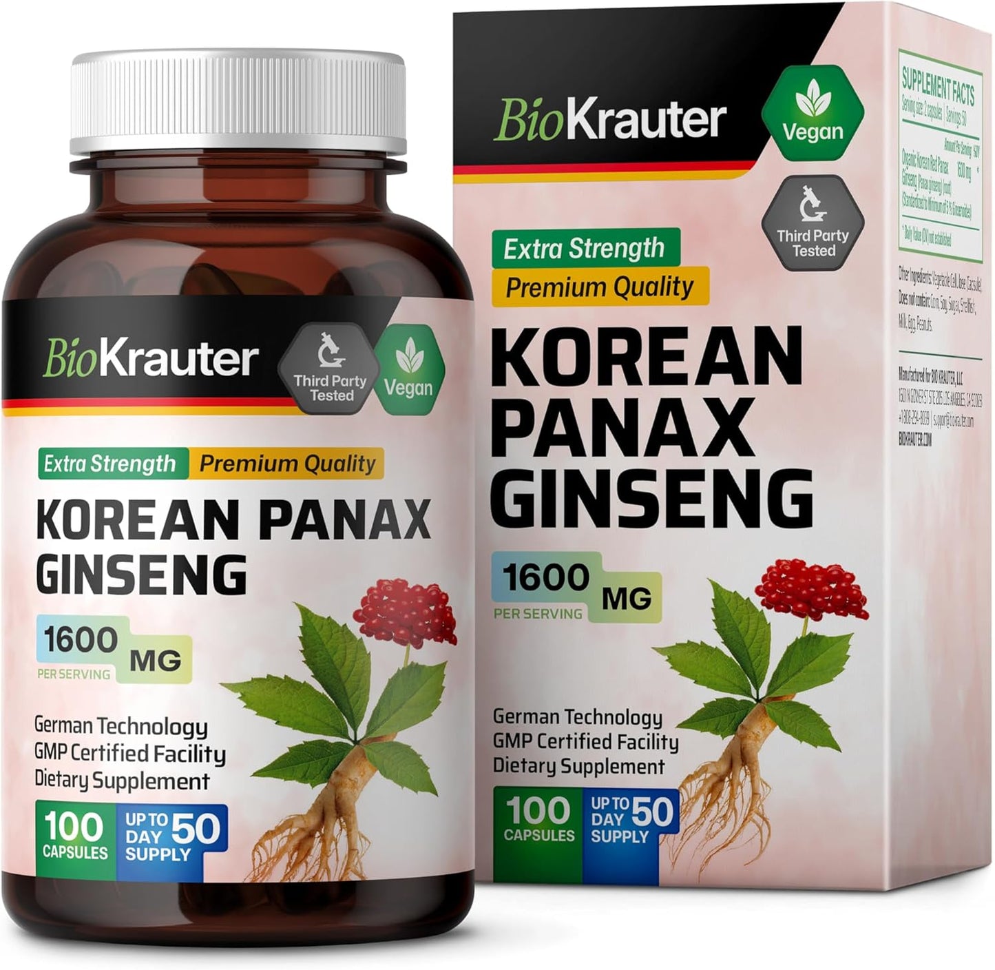 100 Count Korean Red Ginseng Capsules - 1600mg Strength - Vegan Panax Ginseng Immune Supplement