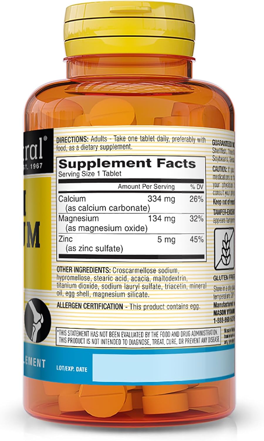 100 Count MASON NATURAL Calcium Magnesium & Zinc Tablets - Vitamins for Bone Health and Immune Support