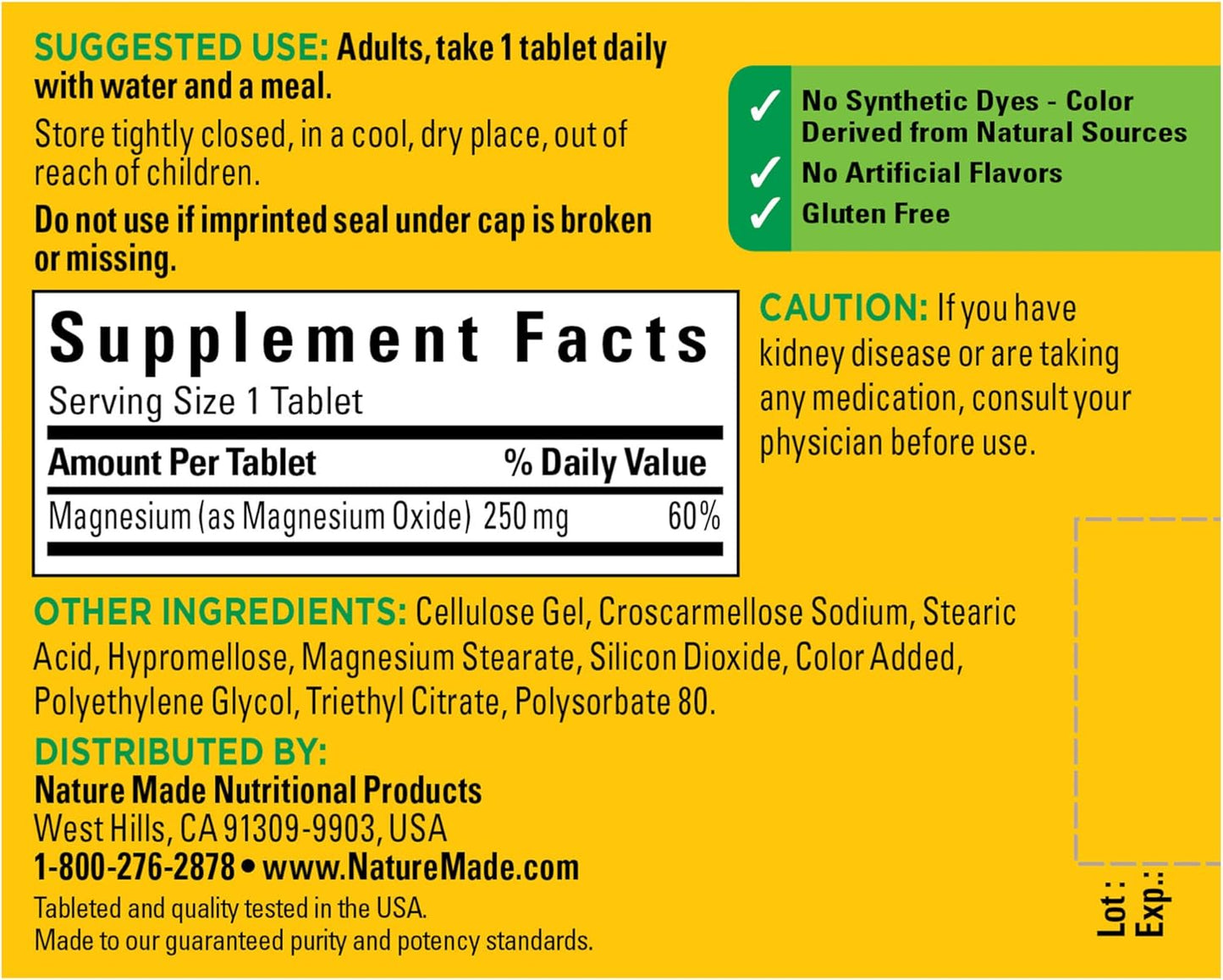100 Count Nature Made Magnesium Oxide 250 mg Tablets for Nutritional Support