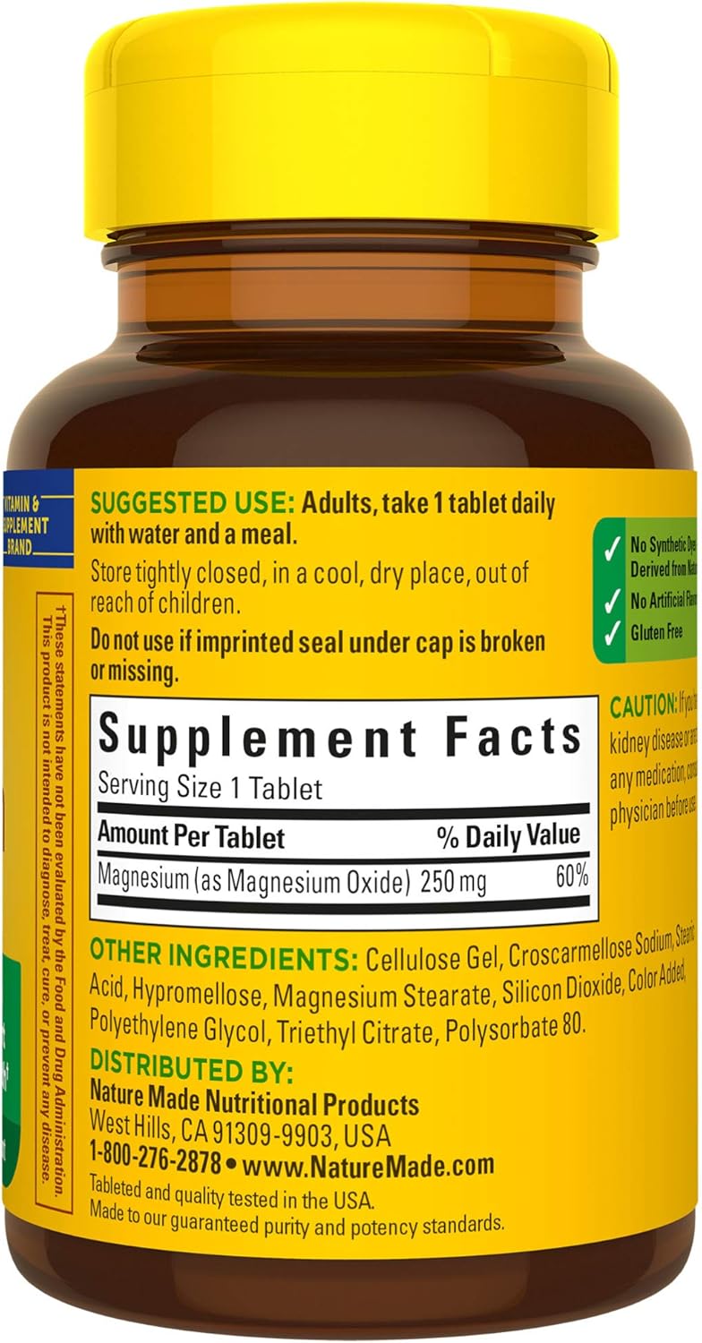 100 Count Nature Made Magnesium Oxide 250 mg Tablets for Nutritional Support
