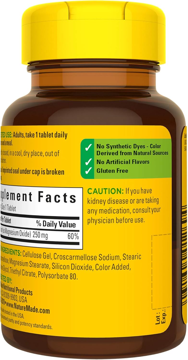 100 Count Nature Made Magnesium Oxide 250 mg Tablets for Nutritional Support