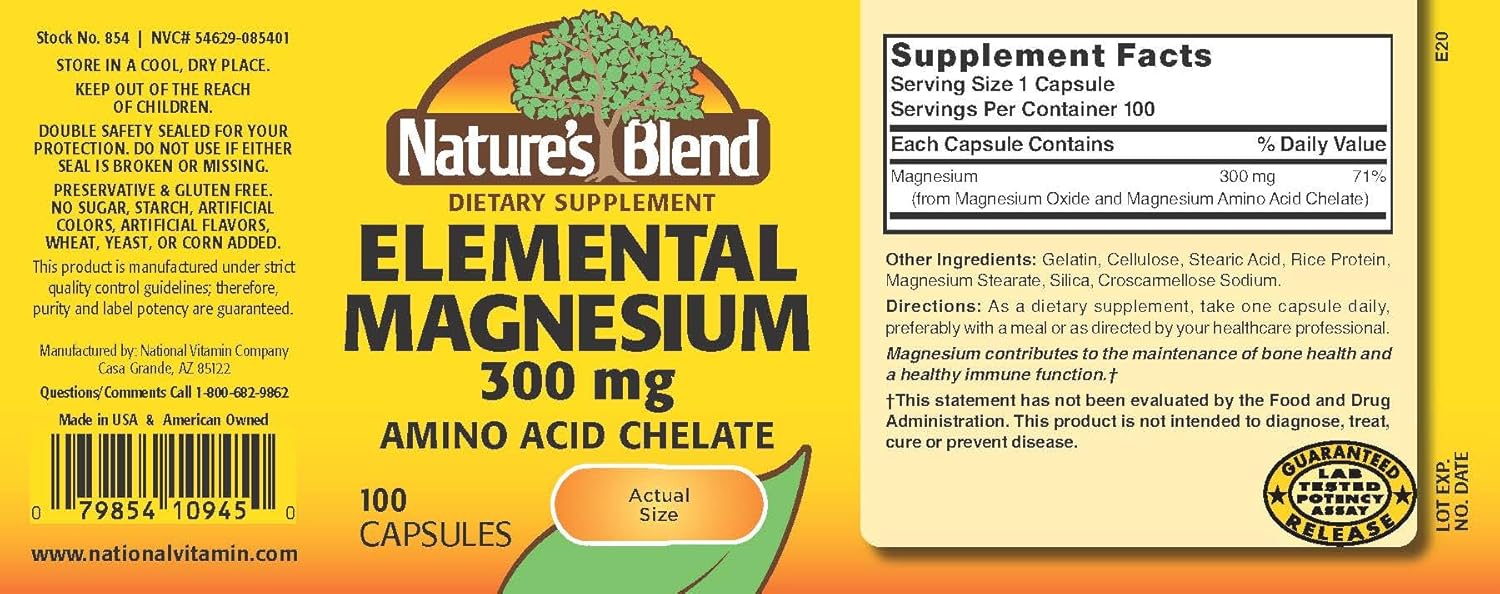 100 Count Nature's Blend Elemental Magnesium Amino Acid Chelate Capsules - 300 mg