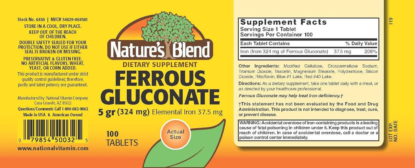 100 Count Nature's Blend Ferrous Gluconate Tablets for Iron Support