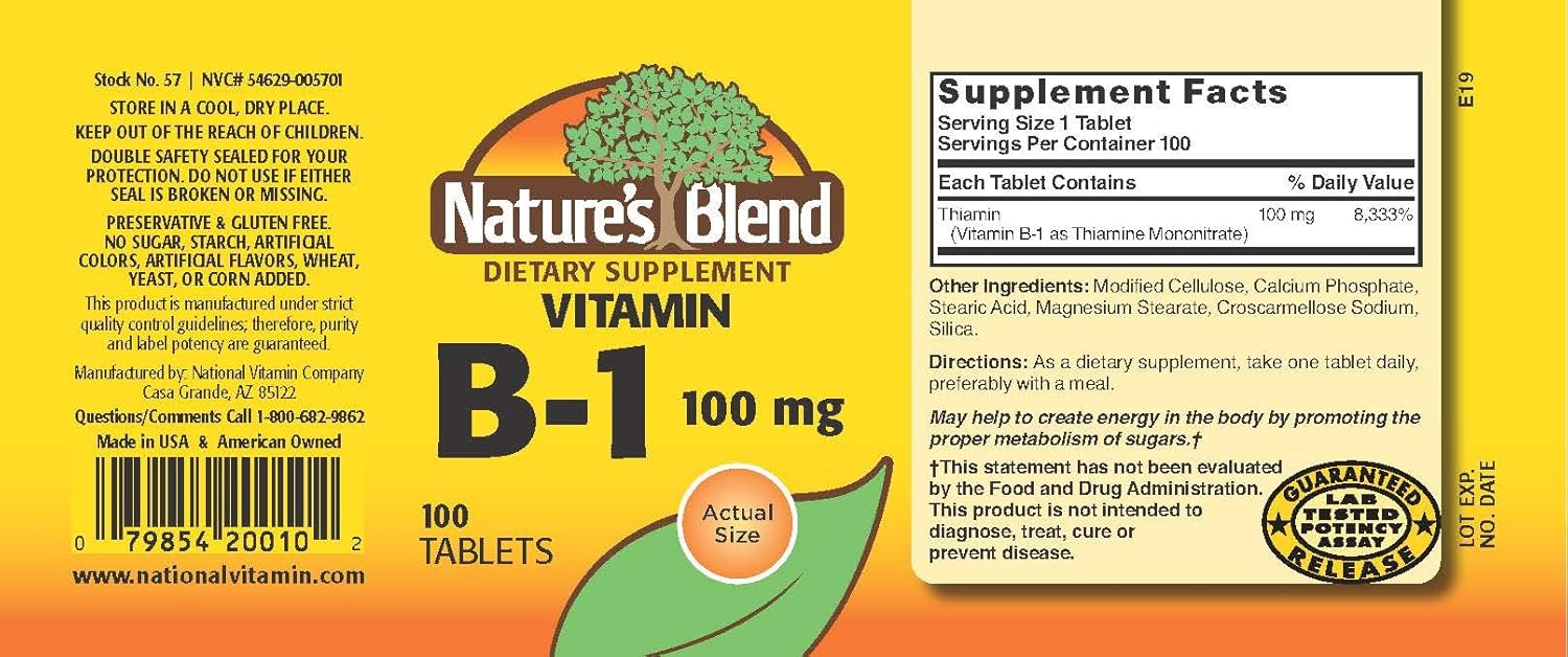 100 Count Nature's Blend Vitamin B-1 TB 100MG Tablets for Energy and Metabolism Support