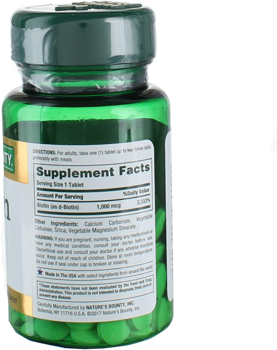 100 Count Nature's Bounty Energy Health Biotin Coated Tablets - 1000 mcg - One Pack