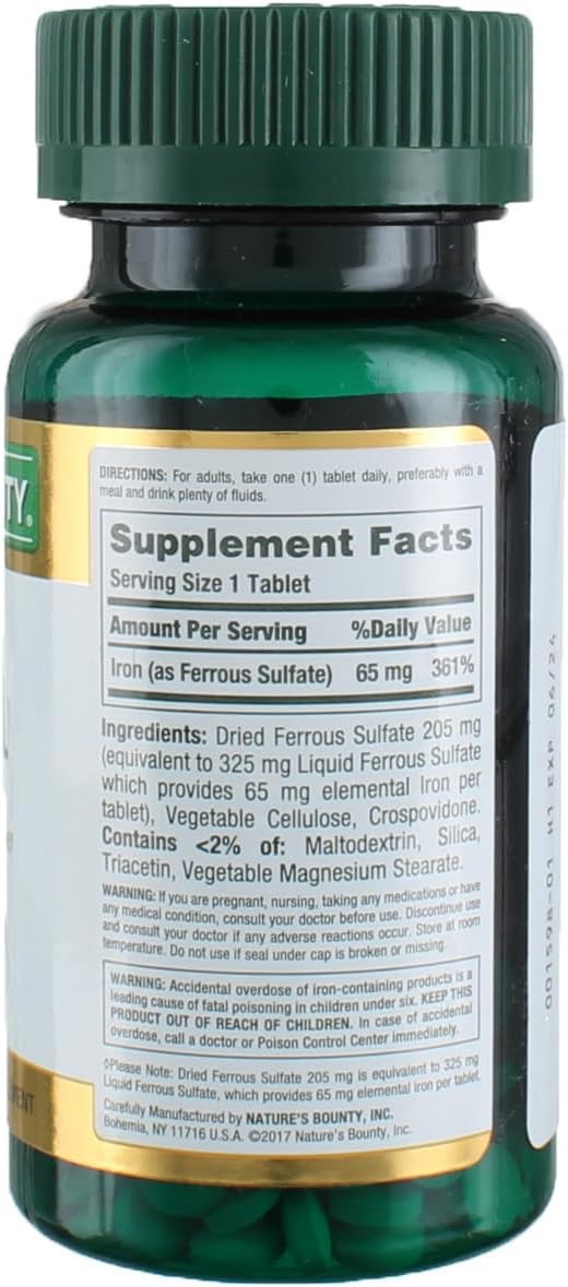 100 Count Nature's Bounty Iron 65 Mg (325 mg Ferrous Sulfate) Supplement - Pack of 2