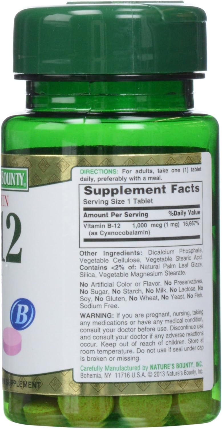 100 Count Nature's Bounty Vitamin B-12 1000 mcg Tablets for Energy Support