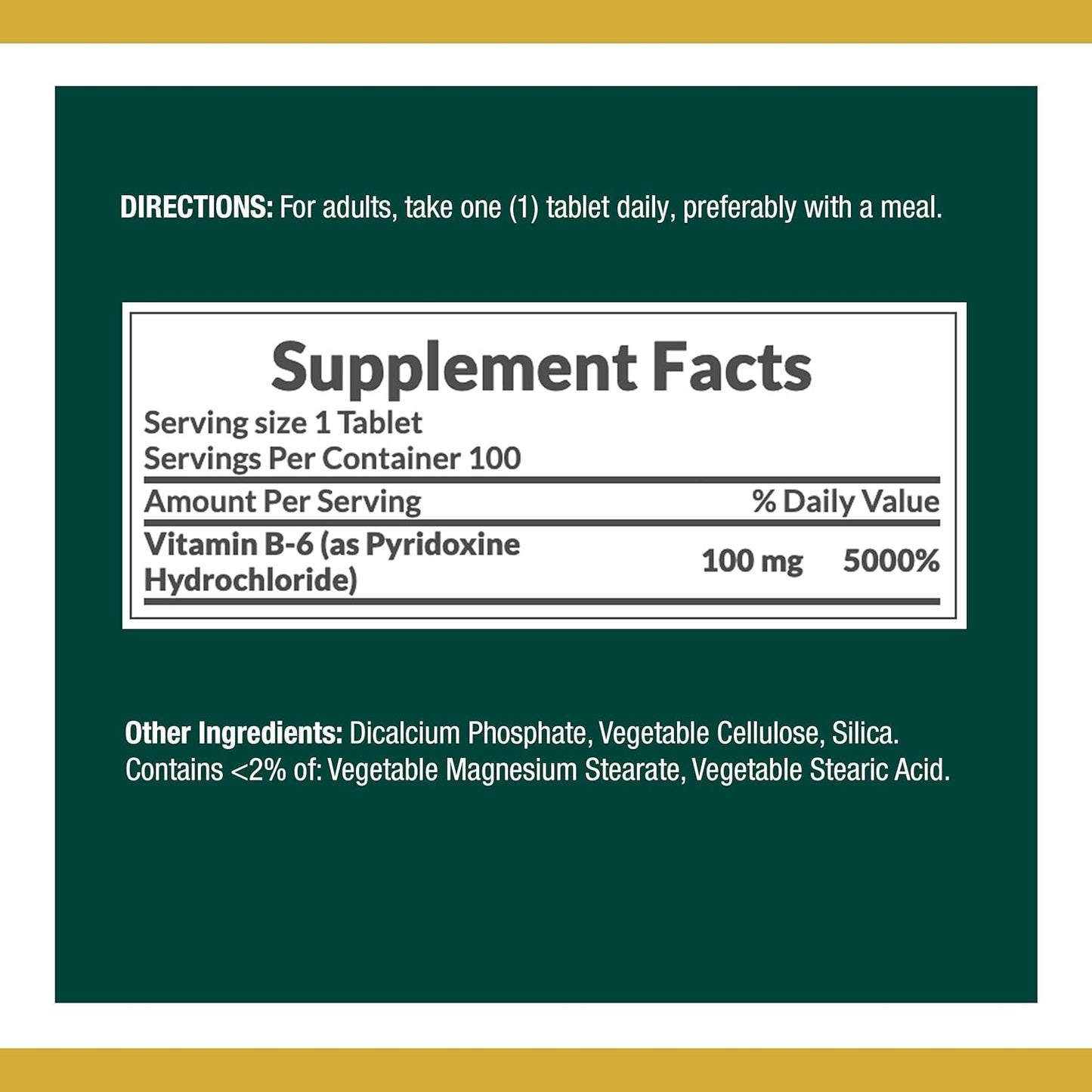 100 Count Nature's Bounty Vitamin B6 100mg Tablets for Daily Support