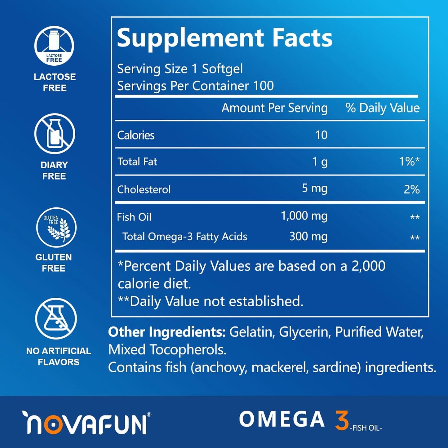 100 Count Novafun Omega 3 Fish Oil Softgels, 1000mg with EPA and DHA for Heart, Brain, Joints, Eye Health