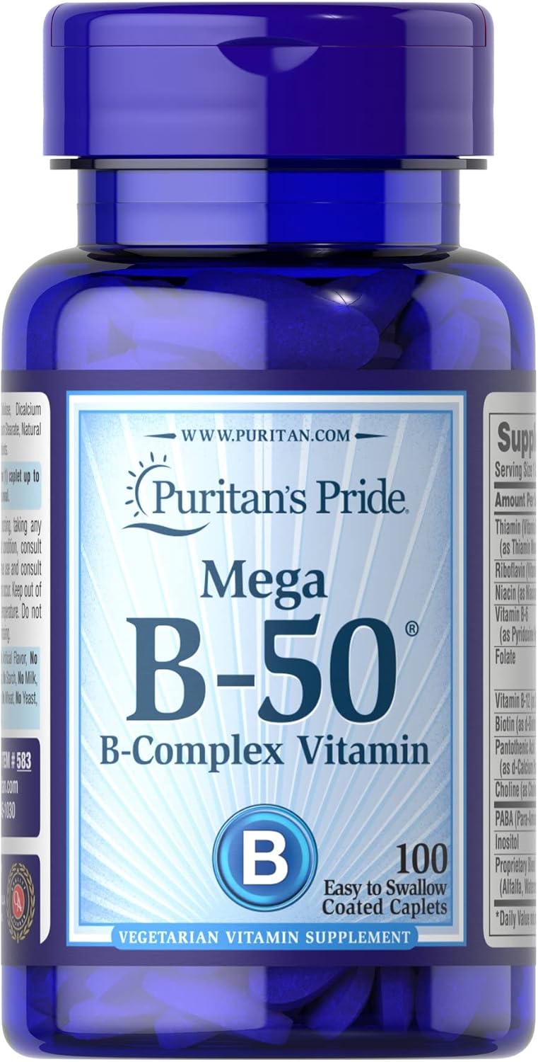 100 Count Puritan's Pride Vitamin B-50 Complex Caplets for Daily Energy Support